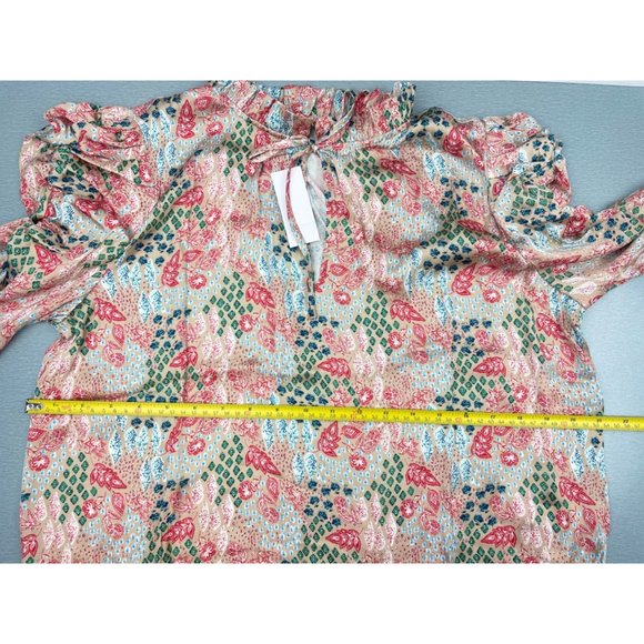 LOFT WOMEN Garden Cinched Sleeve Ruffle Tie Neck Mixed Media Top M - Picture 13 of 16